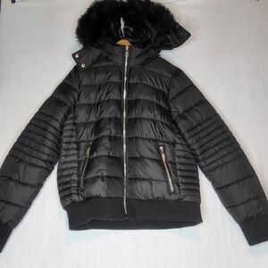 Snobbish Womens Size Xl Black Puffer Jacket With Faux Fur Hood Full Gold Zip